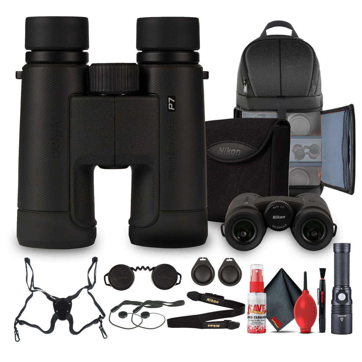 Nikon PROSTAFF P7 10x42 Binoculars | Waterproof Fogproof Design with 10x Magnification, Multilayer Coated Optics (16773) + Backpack + Flashlight + Cleaning Kit + Suspender Harness + 2 x Cap Keeper