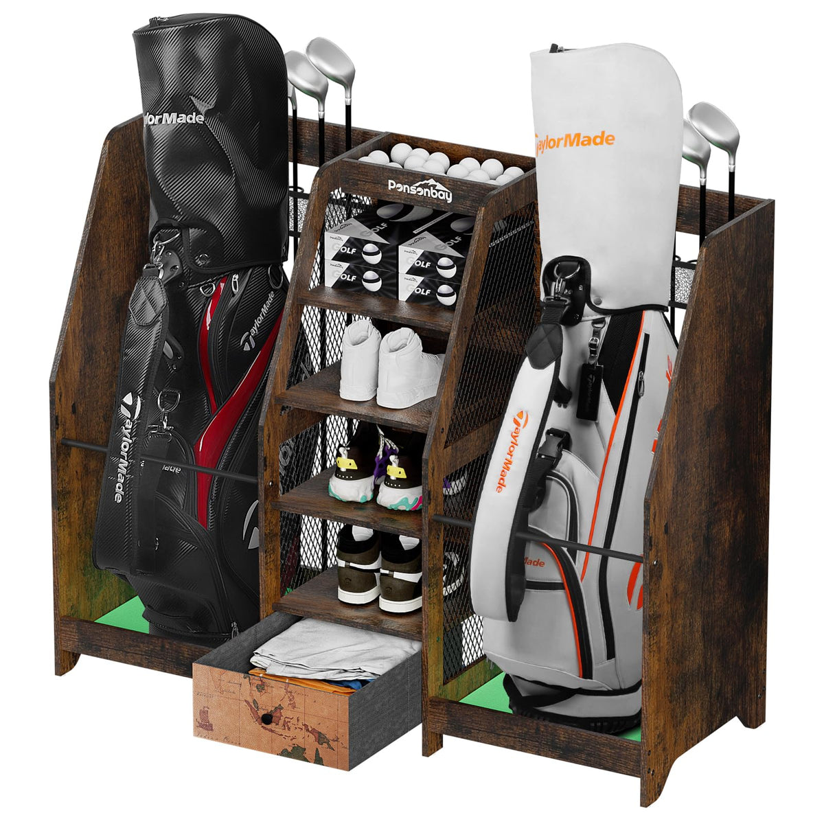 Golf Bag Storage Organizer Holds 2 Golf Bags for Garage - Wooden Rack