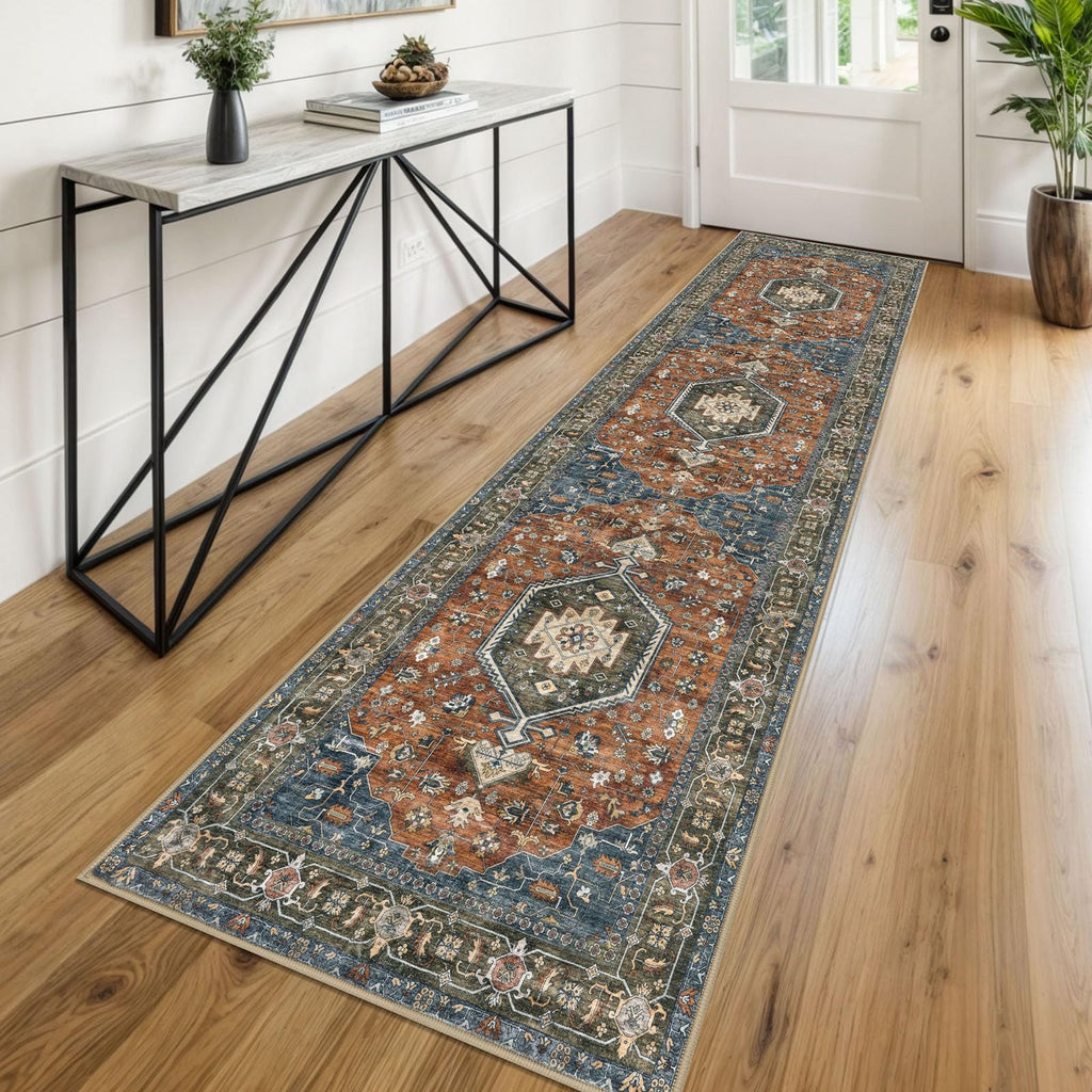 KUTA Vintage Extra Long Runners for Hallways 2.6x18ft Washable Blue White