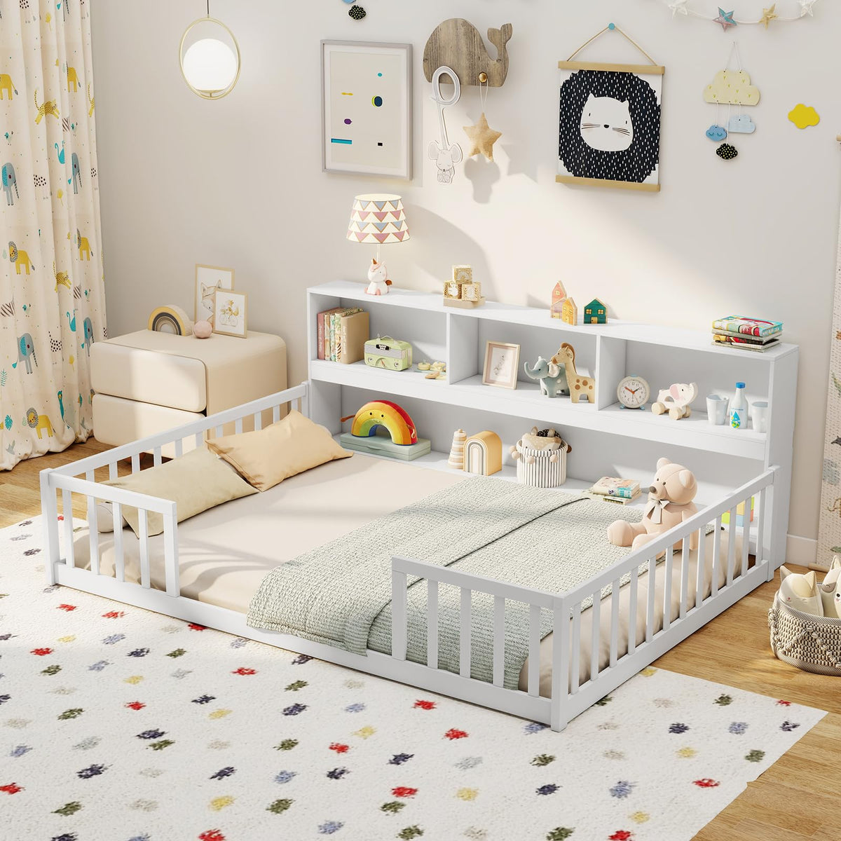 GIANTEX Full Size Floor Bed for Kids, Wooden Montessori Bed Frame with Bookcase, Storage Shelves & Safety Fence Rails, Floor Beds Full for Girls, Boys, No Box Spring Needed, Without Slats, Natural