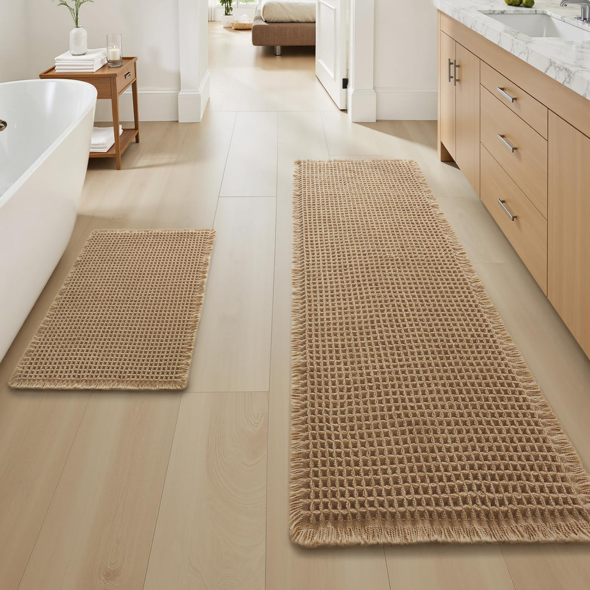 Upgraded Waffle Bath Mat Set of 2 Absorbent Bathroom Mat 18"x30" + 24"x48"