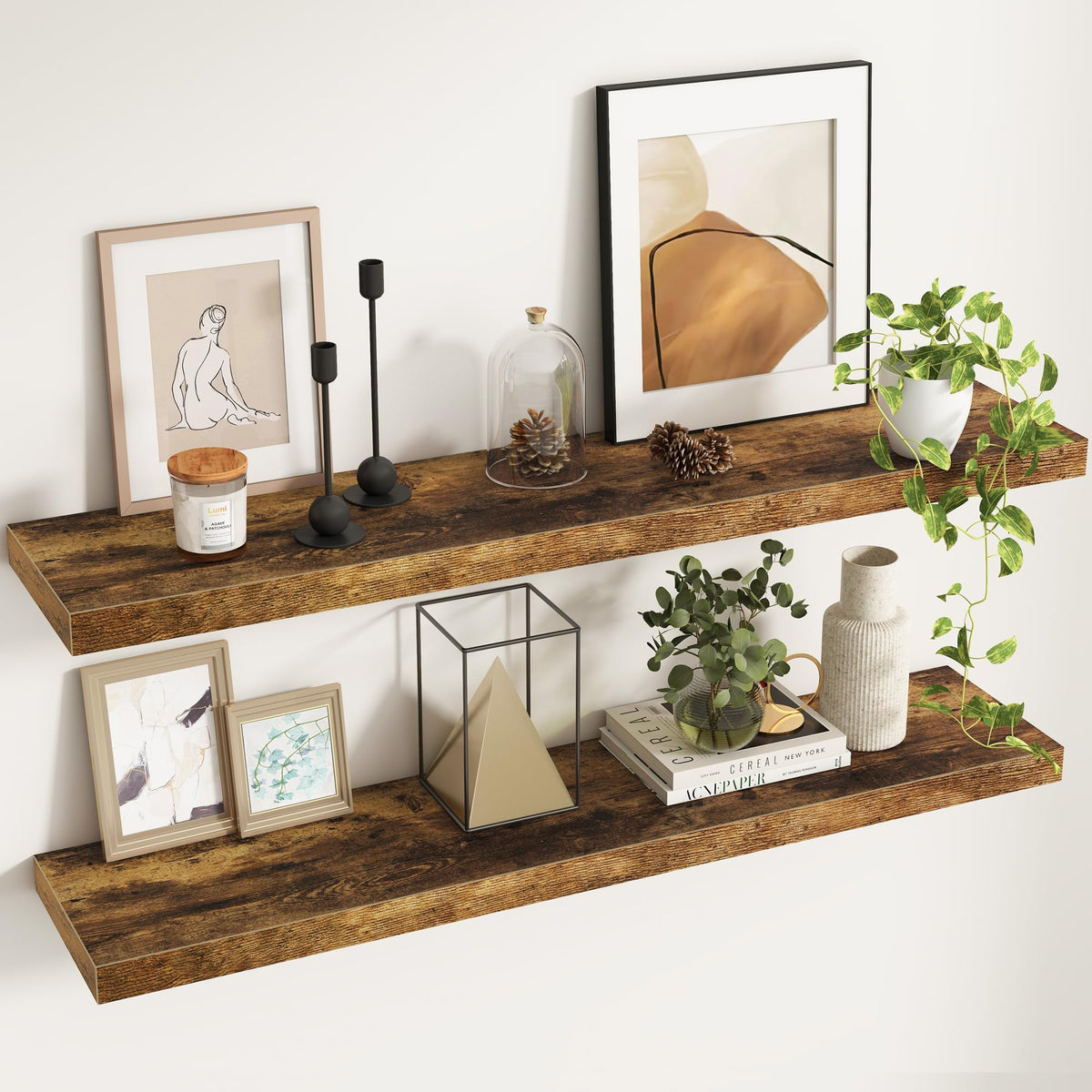 Fun Memories Floating Shelves - 2 Pack 12 Inch Rustic Wooden Wall Shelves - Extra Deeper & Thicker Wall Mounted Storage Shelf for Living Room, Kitchen, Farmhouse - 36" W x 12" D x 1.8" H - Brown