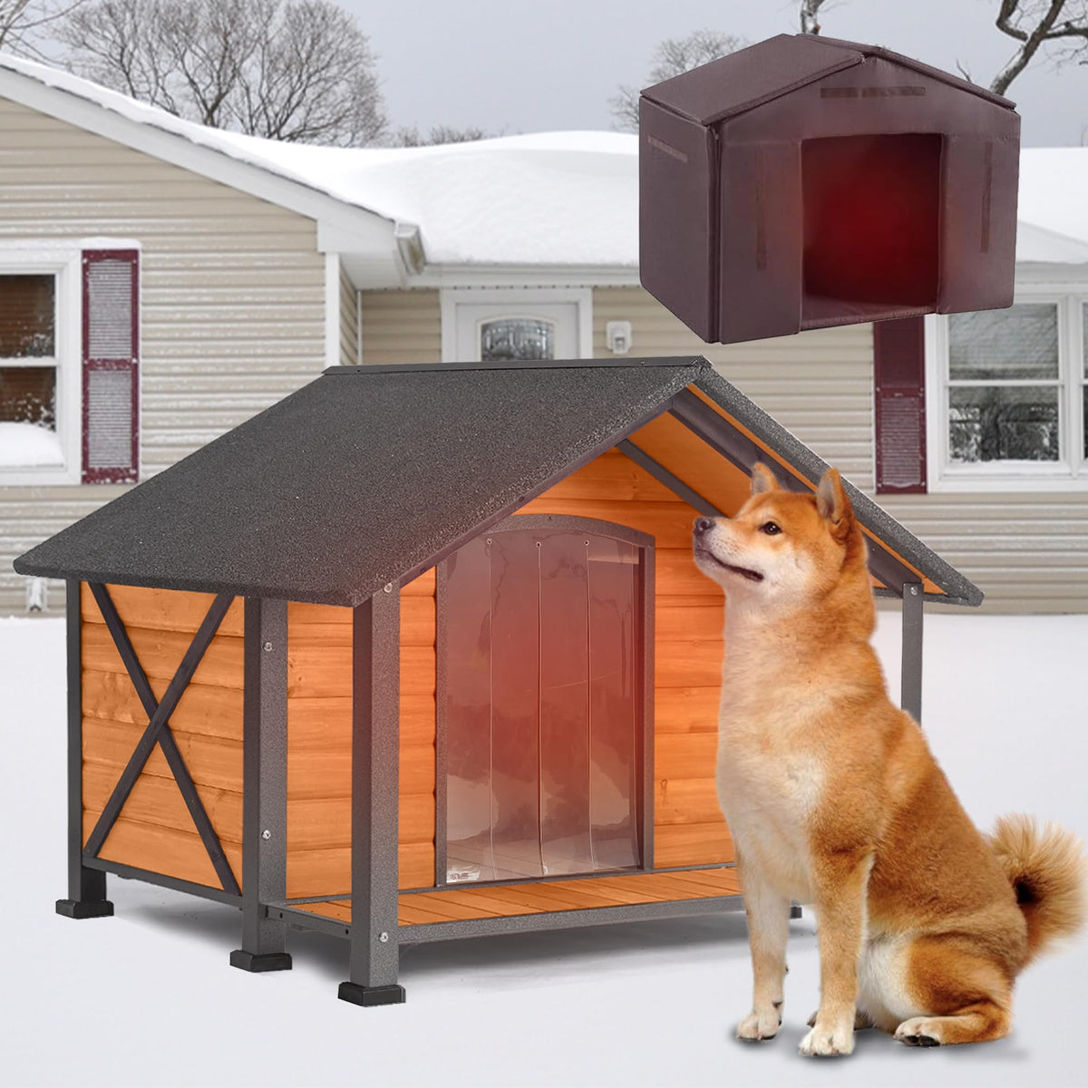 Extra Large Dog House Outdoor with Full Iron Frame and Covered Porch