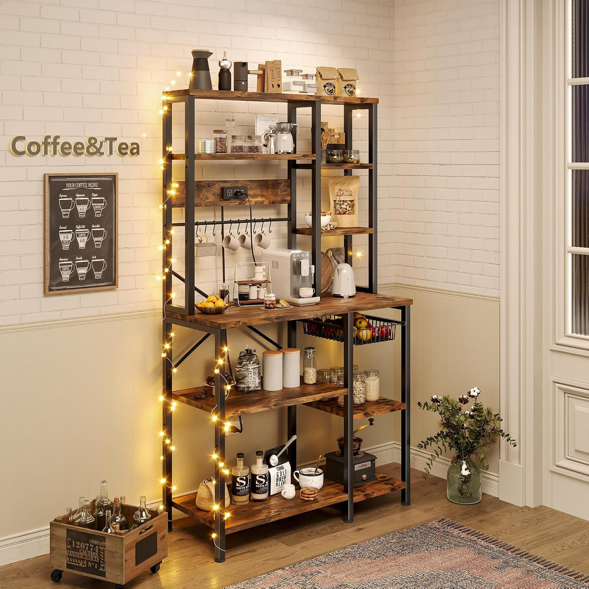GRUSIGN Kitchen Bakers Rack with Storage, 6-Tier Coffee Bar Station with Power Outlet, Microwave Stand with 12 S-Shaped Hooks, Open Kitchen Storage Shelves for Spices, Pots and Pans, Rustic Brown