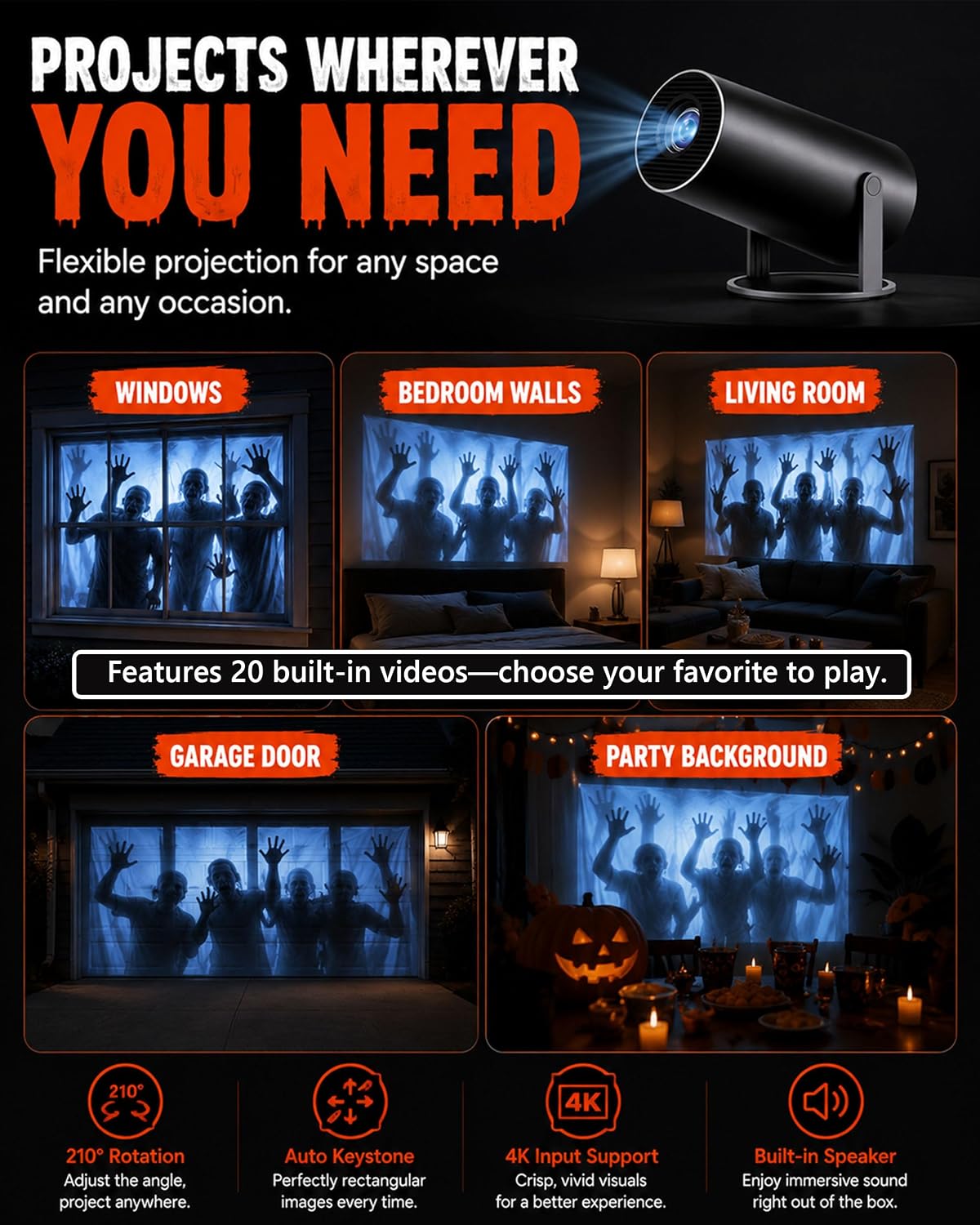 W/ Video Halloween Projector Scary Halloween Decorations，White：No Fabric