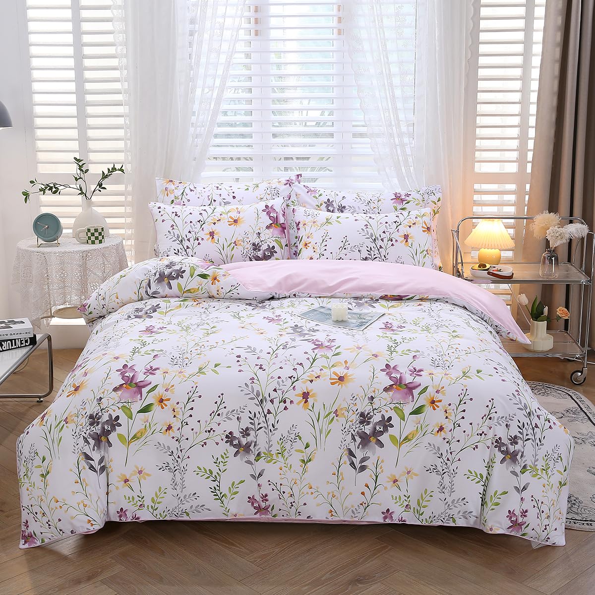 URBONUR 100% Cotton Floral Queen Duvet Cover Set 3-Pieces Botanical Bedding