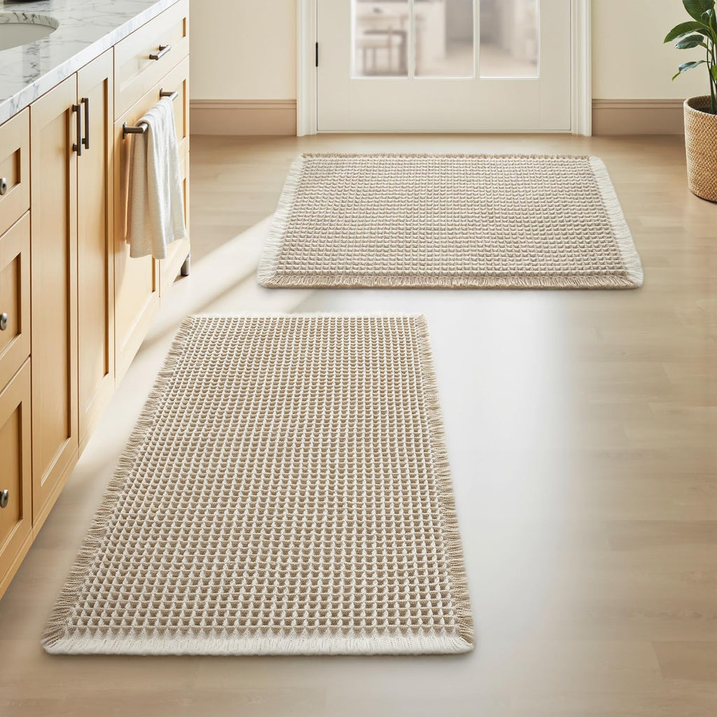 Upgraded Waffle Bath Mat Set of 2 Absorbent Bathroom Mat 18"x30" + 24"x48"