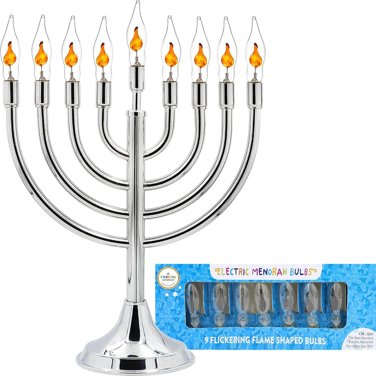 Electric Stainless Steel Hanukkah Menorah, Electric Chanukiya with 10 Flickering Chanukah Bulbs (3-Pack)