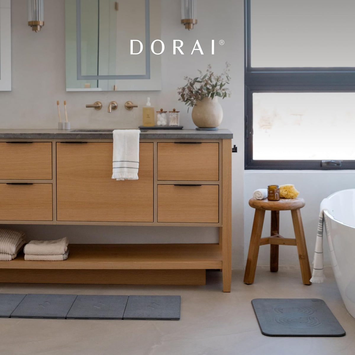 Dorai Home Stone Bath Mat - Premium Diatomaceous Earth Bath Floor Mats with Non-Slip Base, Fast-Drying Modern Shower Mat for Bathroom | Rain Slate