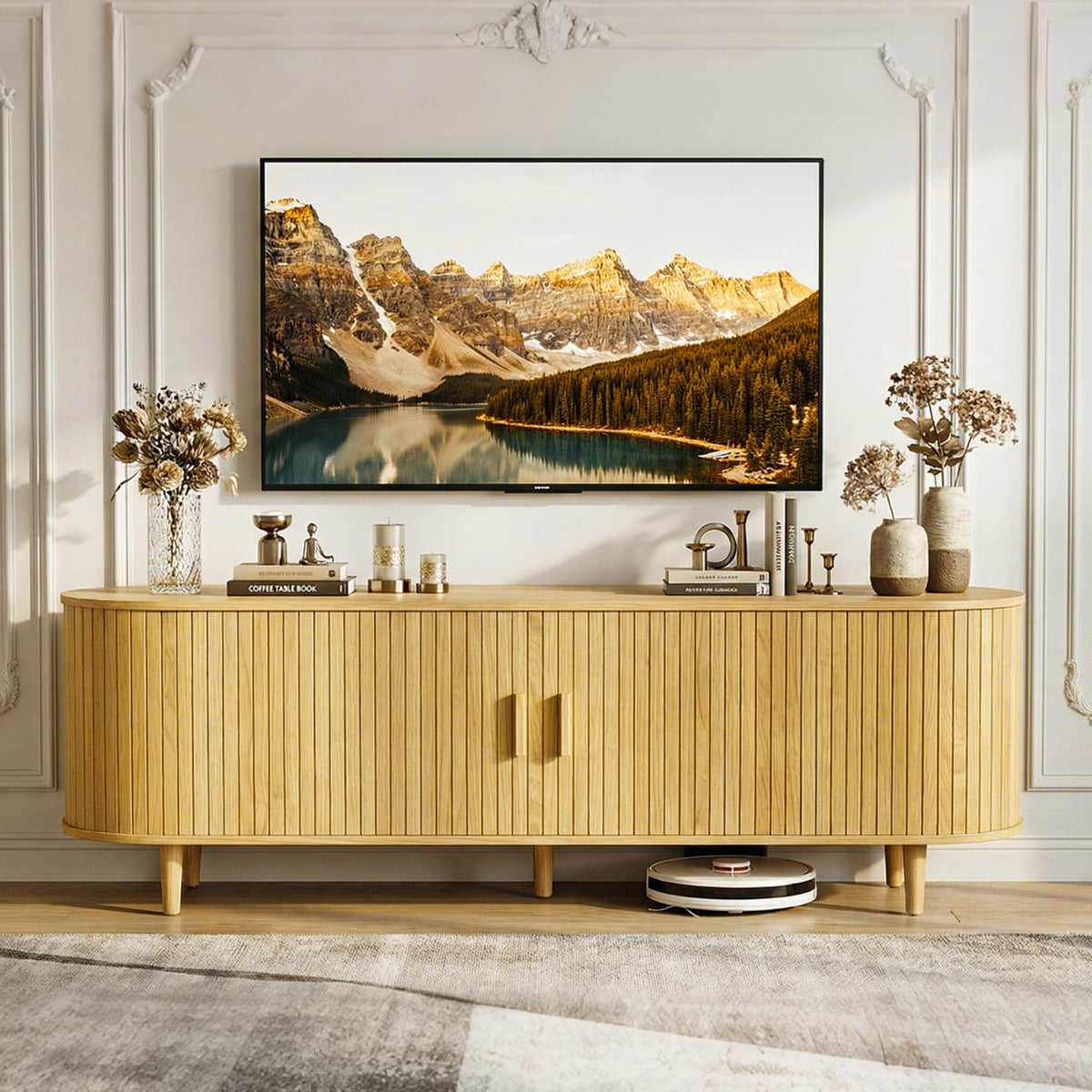 MXV 58" Mid-Century Modern TV Stand with Sliding Doors, TV Consoles with Power Outlet, Fluted Entertainment Center with Adjustable Shelves for Living Room
