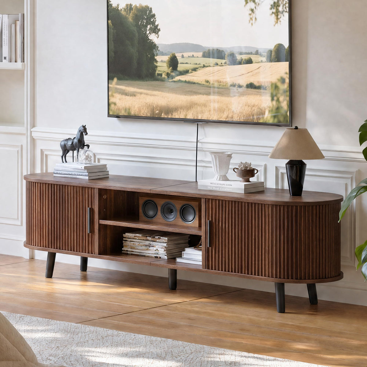ChooChoo 54" Mid Century Modern TV Stand with Fluted Sliding Doors