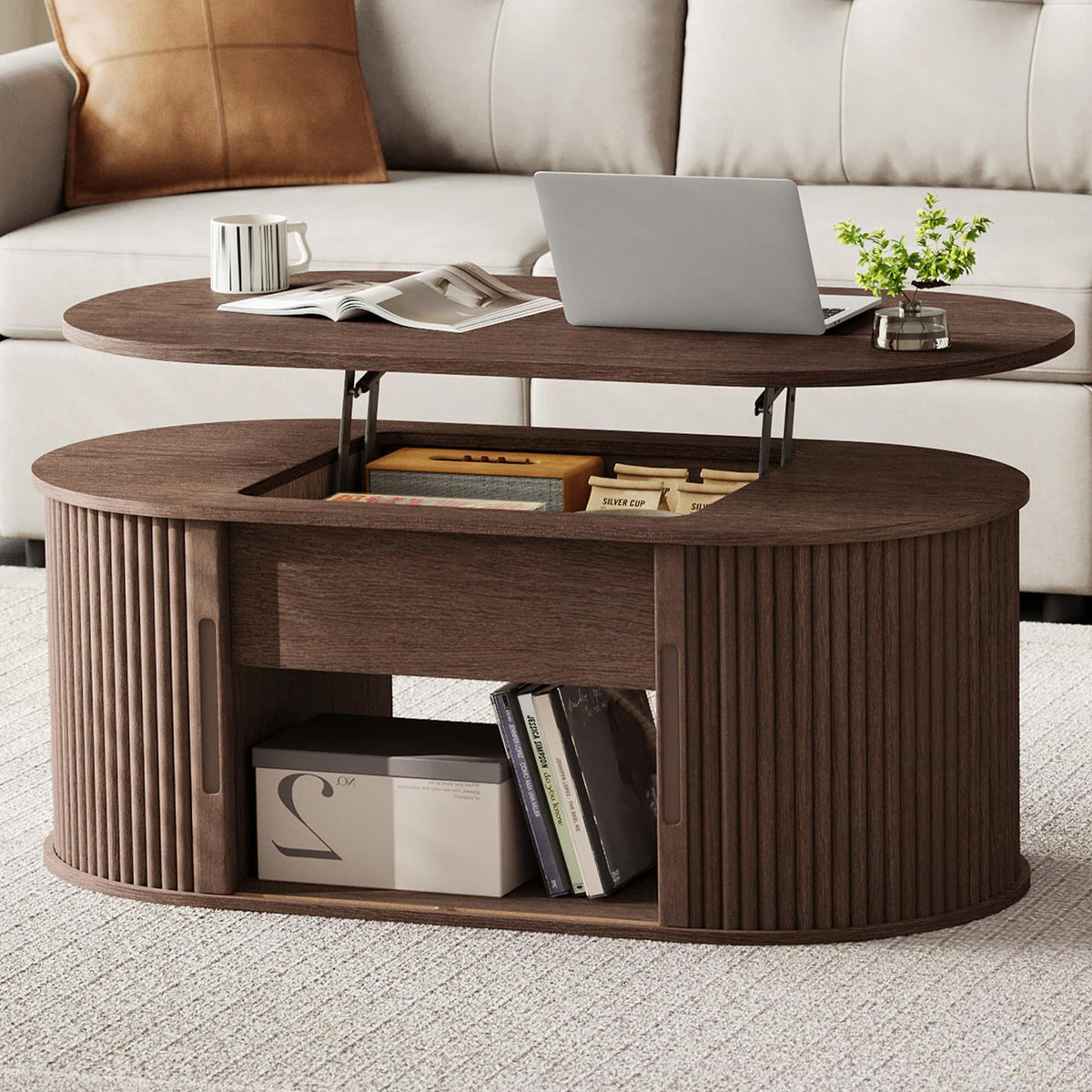 LINSY Lift Top Coffee Table, Round Fluted Coffee Table with Storage, Mid Century Modern Wooden Coffee Tables with Sliding Tambour Door, 31.5" Center Table for Living Room, Office, Small Space, Walnut