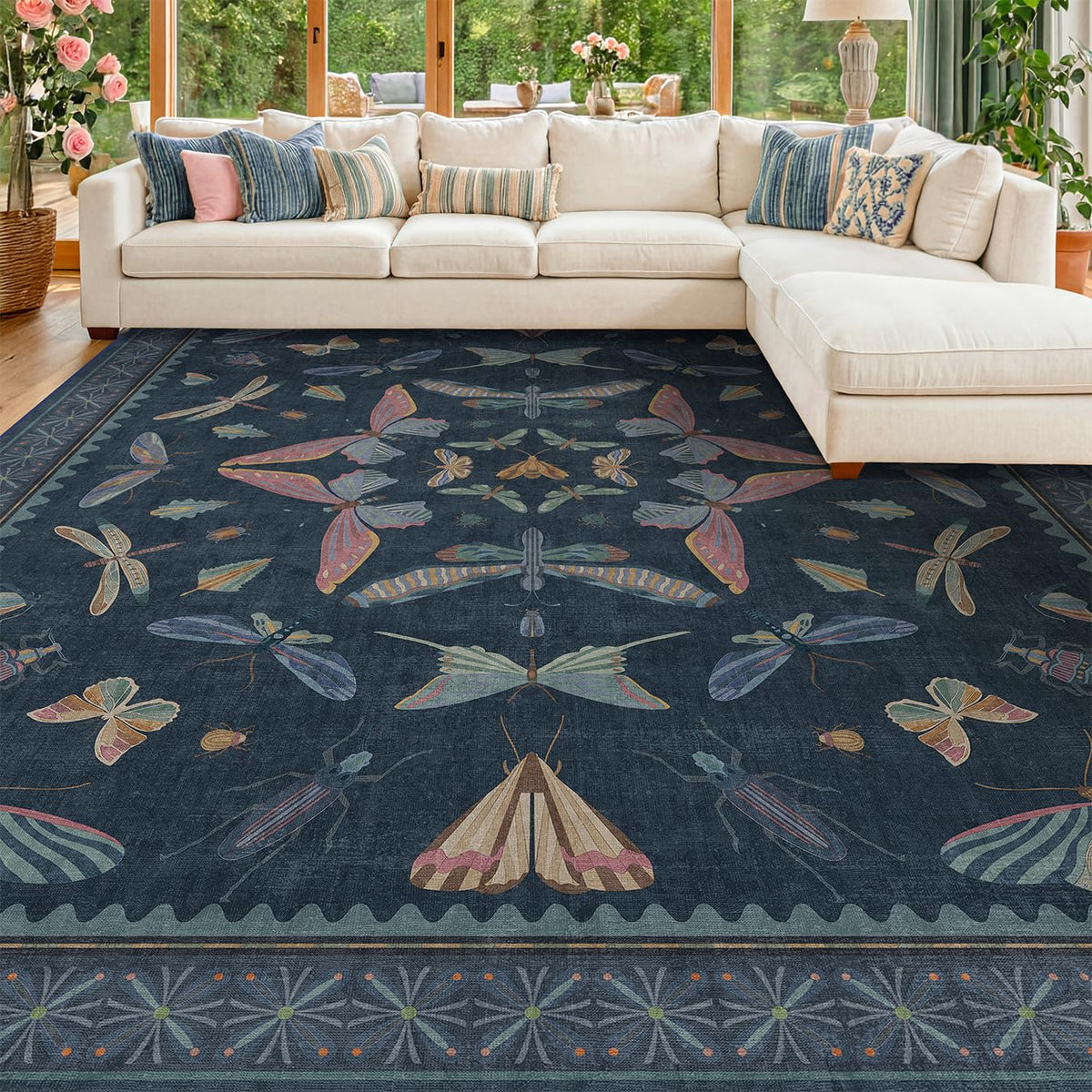 Hazo Haus Dark Green Insect Area Rugs 8x10 for Living Room, Dining Room Under Table, Bedroom, Unique Washable Floral Non Slip Low Pile Soft Rug