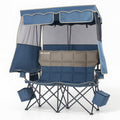 Padded Double Camping Chair With Canopy,Folding Chair Support 450LBS, Blue