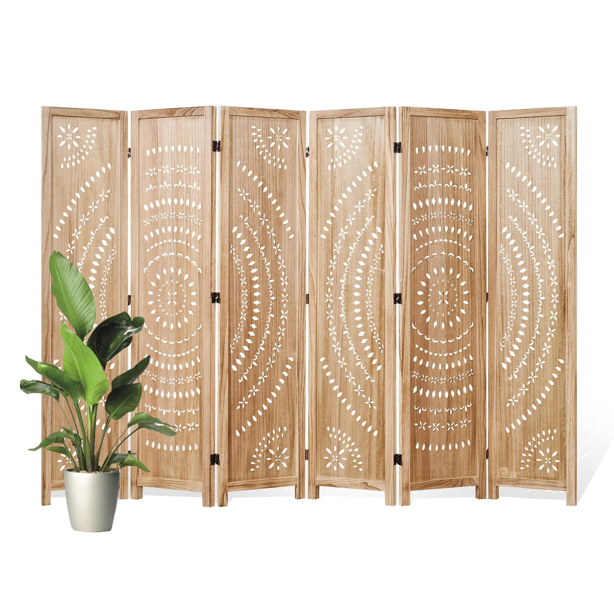 66.9Inch Folding Room Divider, 3 Panels Wood Carved Privacy Screens, Free Assembled Freestanding Partition for Home Office Restaurant Bedroom (Natural)