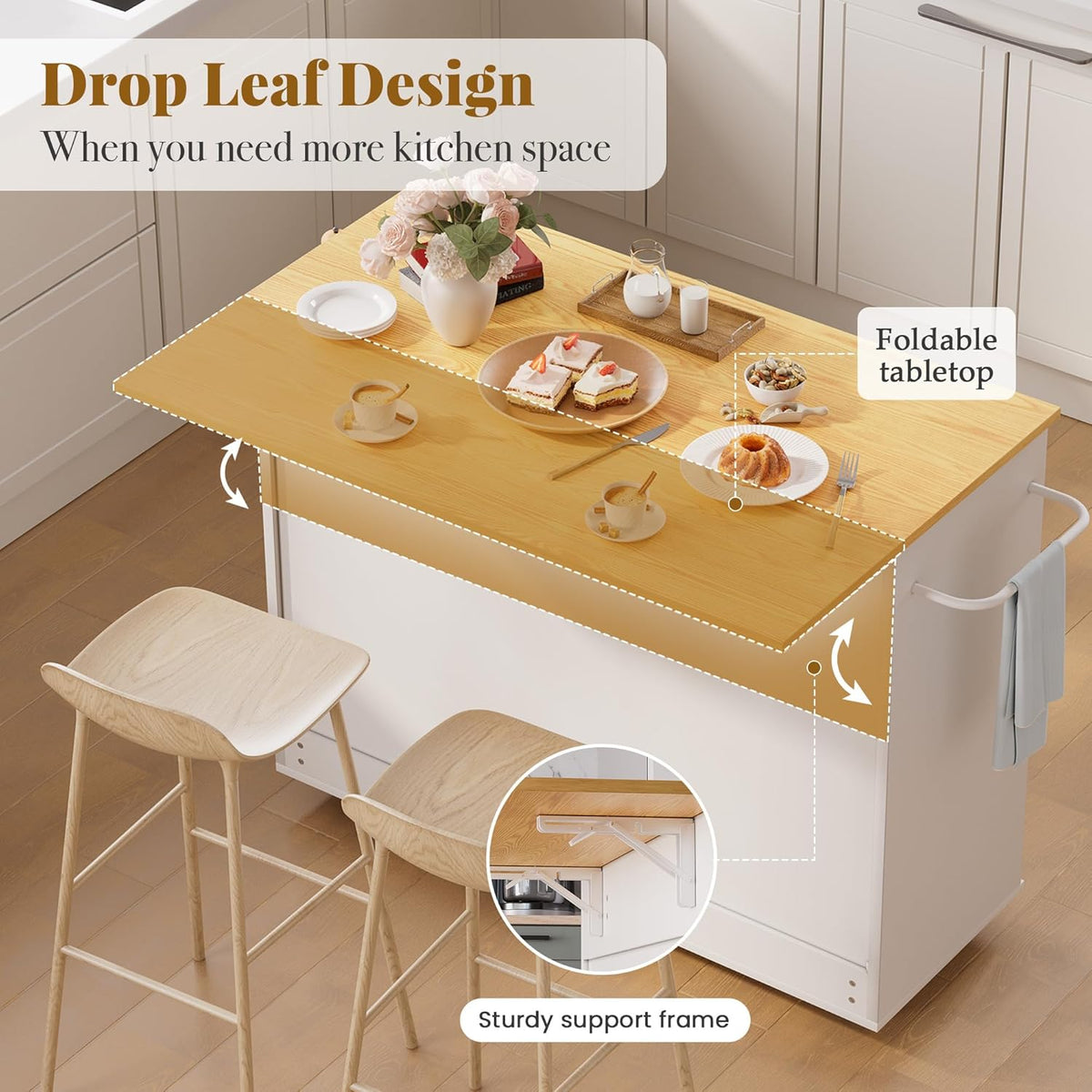 GRUSIGN 49.6" Kitchen Island on Wheels with Storage-Multifunctional Kitchen Island Cart with Drop Leaf, Rolling Island with Spice/Towel Rack,Expandable Island Table Kitchen,White