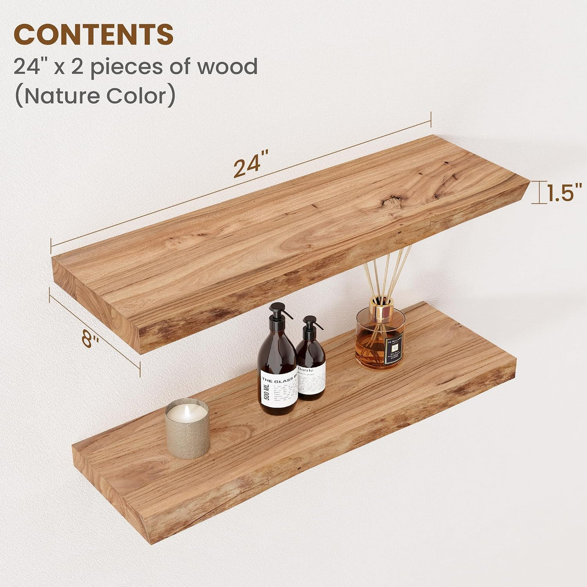 Floating Shelves for Wall, Solid Elm Wood Shelves, 24in Set of 2, Natural