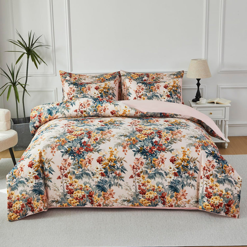 URBONUR 100% Cotton Floral Queen Duvet Cover Set 3-Pieces Botanical Bedding
