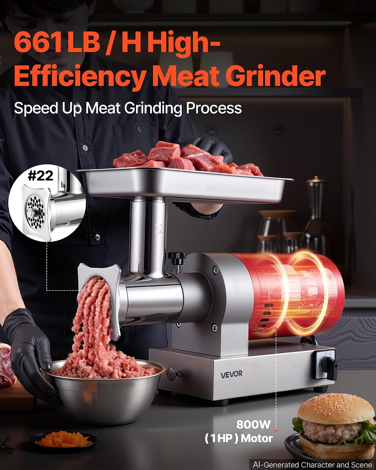 VEVOR, 661 Lbs/Hour800 W Machine, 1.5 HP Electric Mincer with 2 Grinding Plates, Sausage Kit Set Meat Grinder Heavy Duty, Home Kitchen & Commercial Use Red, 800 W