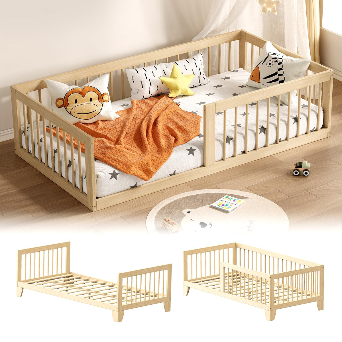 Montessori Toddler Bed, Variable Twin Floor Bed Frame with Removable Guardrails and Legs, Low Wooden Kids Bed with 12 Slats and Supporting keel, Crib-to-Bed Transition for Bedroom or Nursery, White