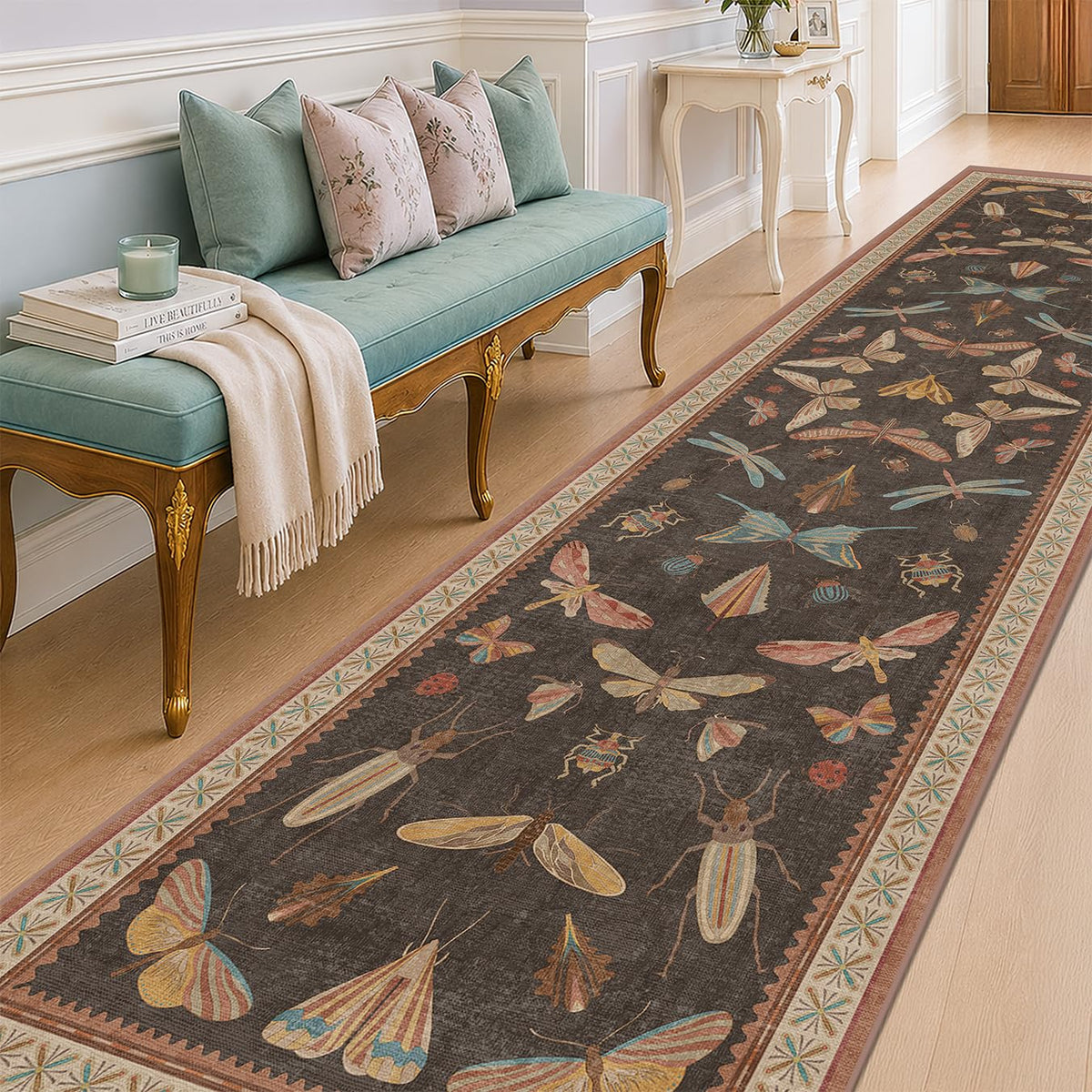 Hazo Haus Dark Green Insect Area Rugs 8x10 for Living Room, Dining Room Under Table, Bedroom, Unique Washable Floral Non Slip Low Pile Soft Rug