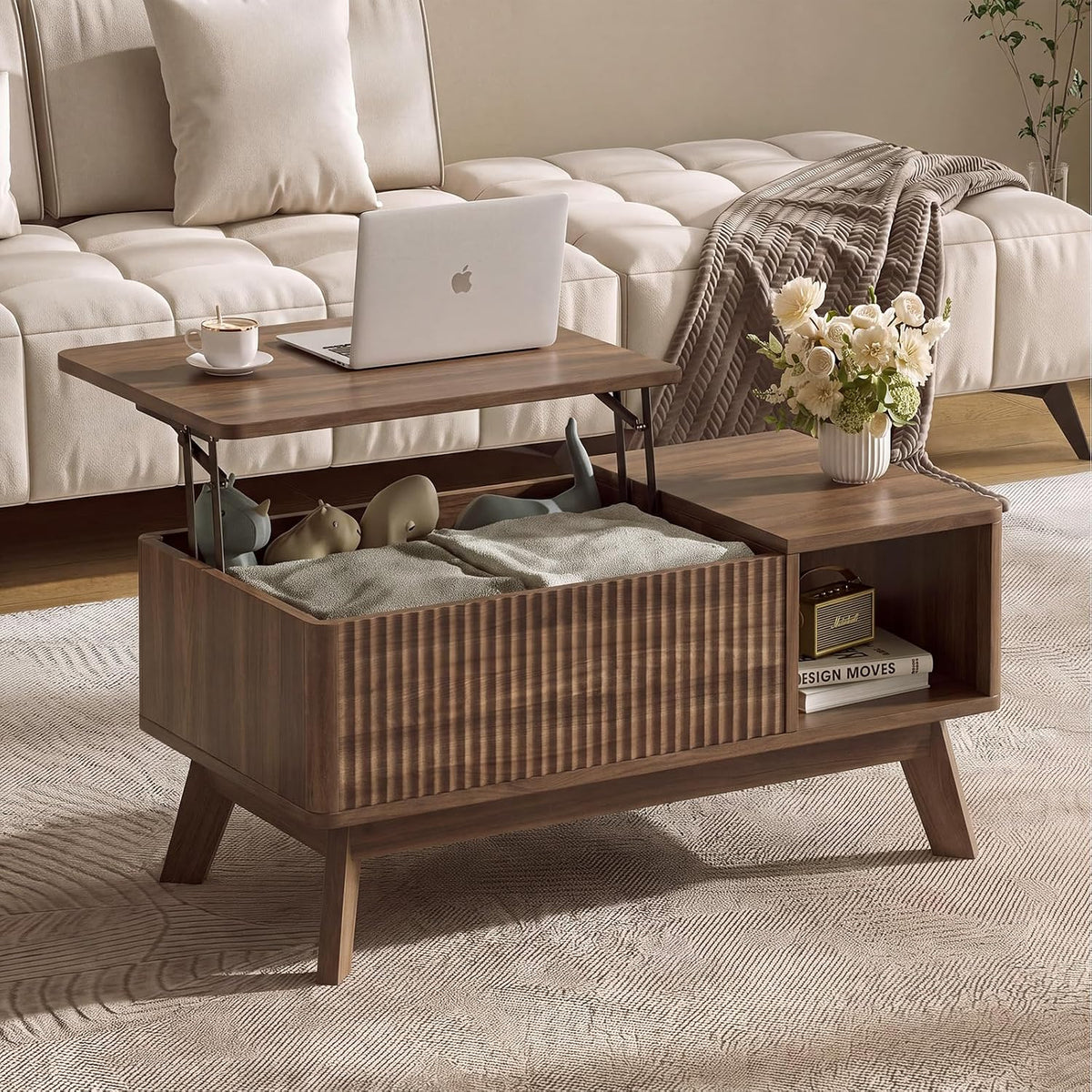 Lift Top Coffee Table, Fluted Hidden Storage Table for Living Room, Walnut
