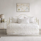 Misc Bright White Chenille Daybed Set Medallion Pattern Bedding Textured Soft Cotton Fabric Shabby Chic, 5 Piece