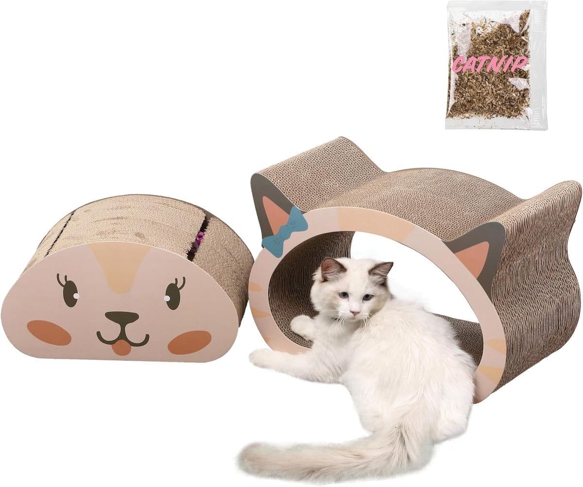 CSR1000B Opal 19" Modern Cardboard Happy Cat Head 2-in-1 Cat Cave Scratcher with Built-in Bell Toys and Catnip, Cream/Peach