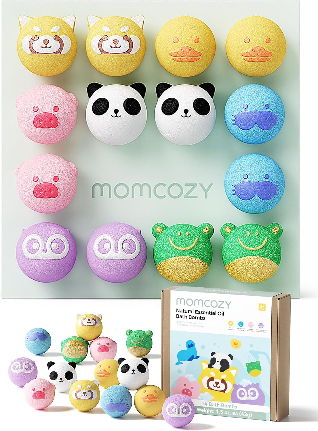 Momcozy 14-Pack Animal Bath Bombs with Essential Oil, Ideal Christmas Gift for Happy Educational & Fun Bath Time, Bath Bombs Kit with 7 Cute Animal Shapes, Ideal Gifts for Kids Girls Boys Toddler