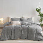 MooMee Striped Duvet Cover Set 100% Washed Cotton Linen Like Queen