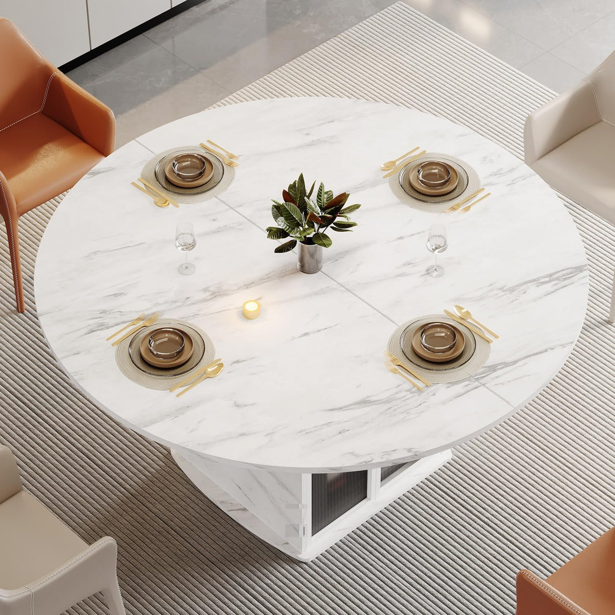 IBF 47" White Faux Marble Round Dining Table with Storage for Dining Room