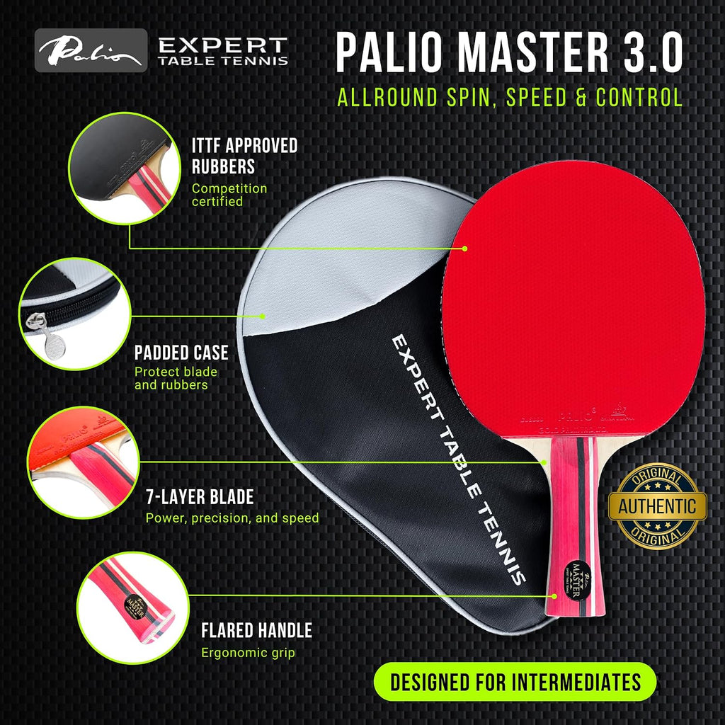 Palio Master 3.0 Table Tennis Bat & Case | ITTF-Approved Intermediate Ping Pong Racket | Allround Speed, Spin and Control