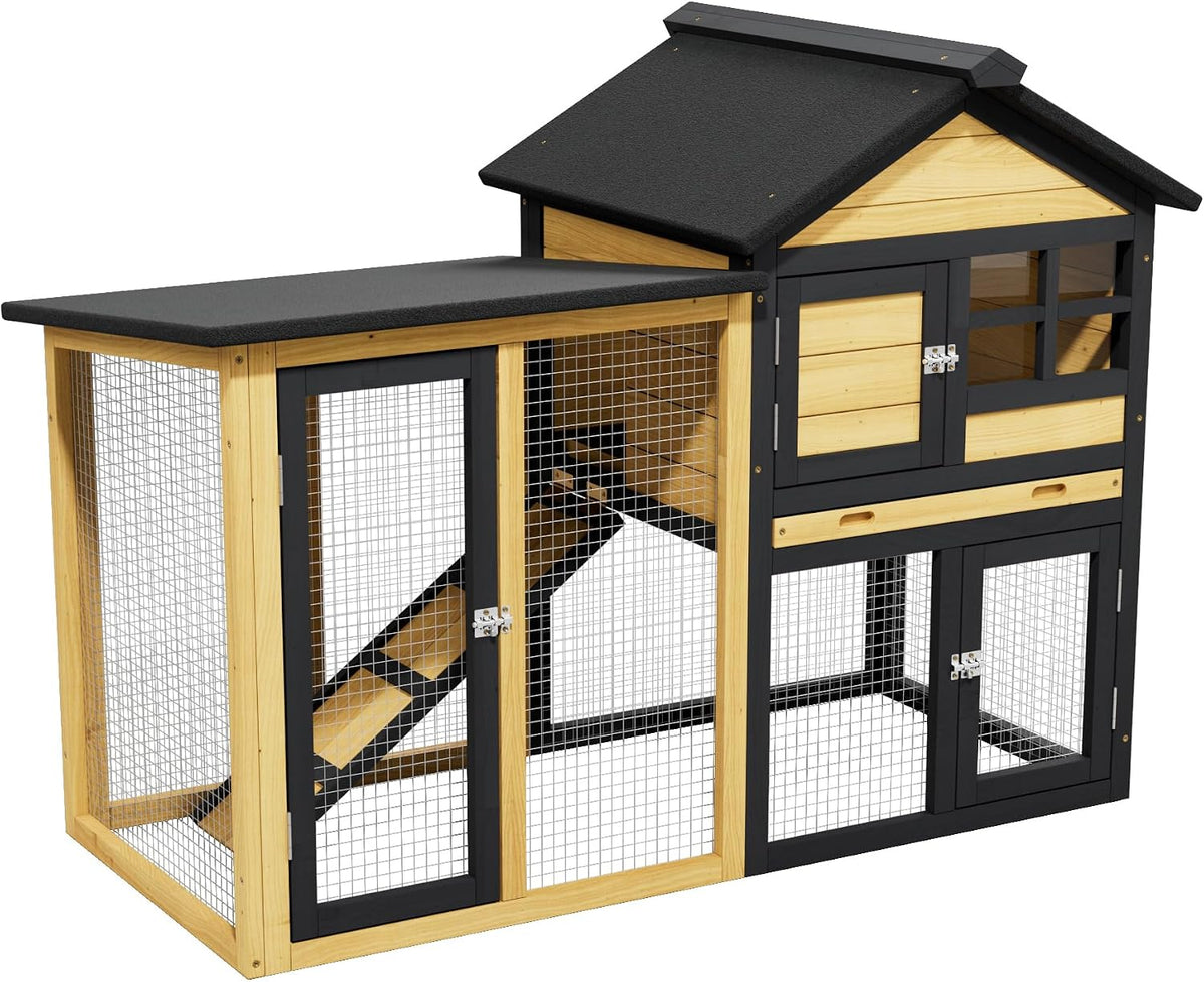 Outdoor Rabbit Hutch with Chew-Proof,2-Story Bunny Cage with Pull-Out Leak Proof Tray and Waterproof Roof,Indoor Rabbit Cage with Lockable Doors for Guinea Pigs,Small Pets