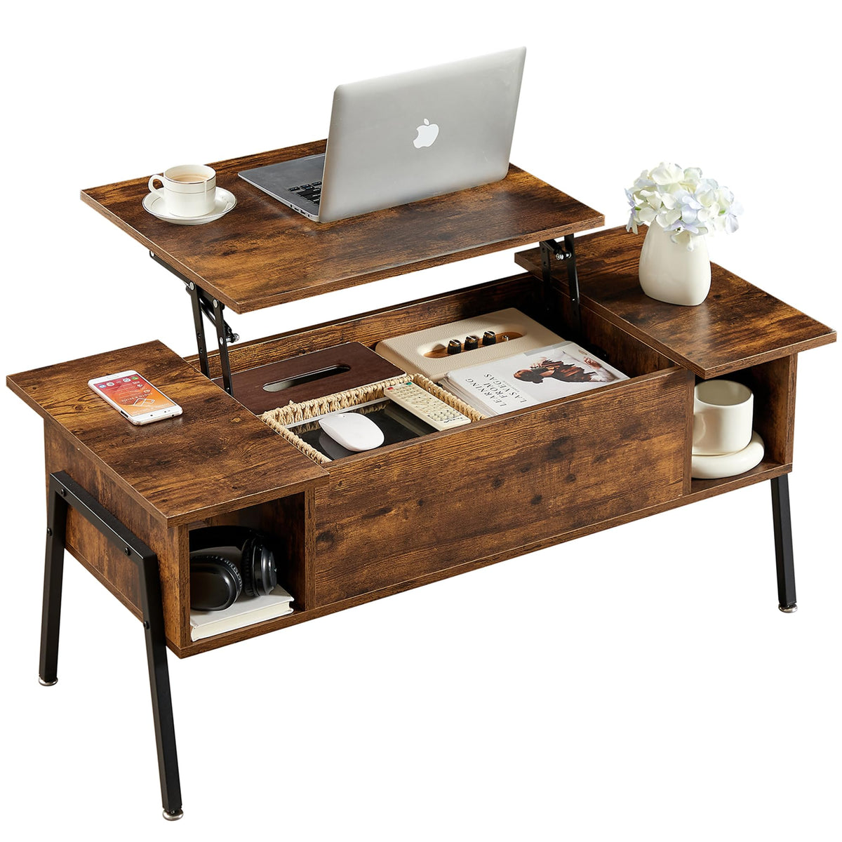 VECELO Wood Lift Top Coffee Table with Hidden Compartment and Storage Shelf for Living Room/Office Reception, Rising Tabletop, Black