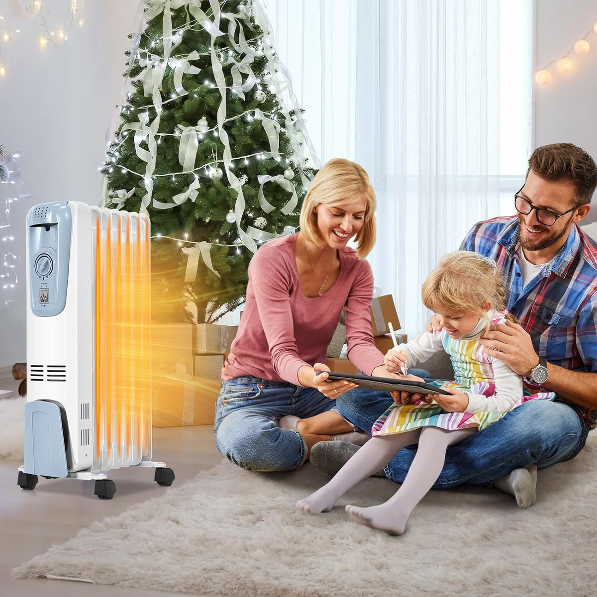 Happygrill 1500W Oil Heater, Portable Oil Space Heater w/Adjustable Thermostat, 3 Heat Settings, Overheat & Tip-Over Protection, Electric Radiator Heater for Indoor Use Living Room Bedroom