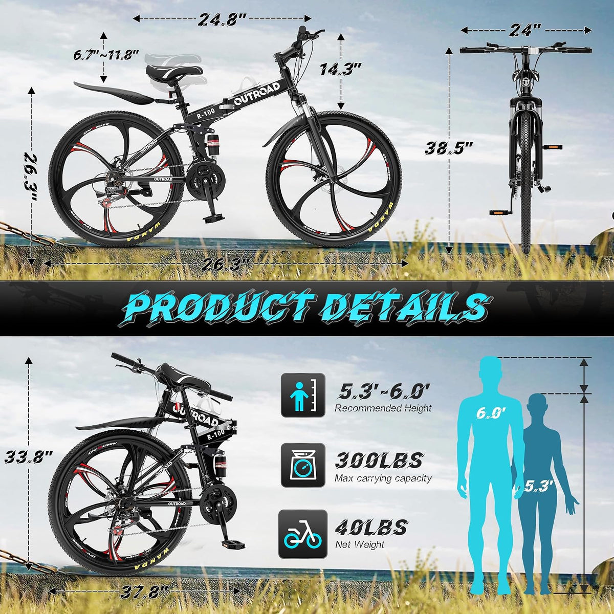 Betterland 26 Inch Adult Folding Mountain Bike, 21 Speeds Full Suspension Foldable Bikes, Dual Disc Brake, High Carbon Steel Frame Bicycle for Men Women