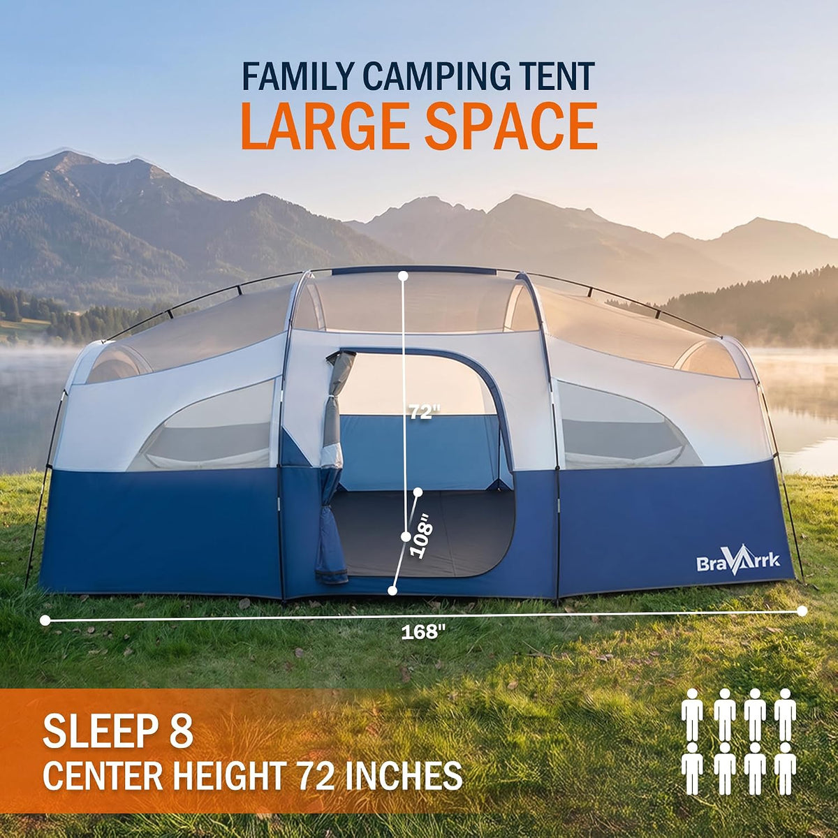 Camping Tent for 8 Person, 3 Room Family Tent with Rainfly