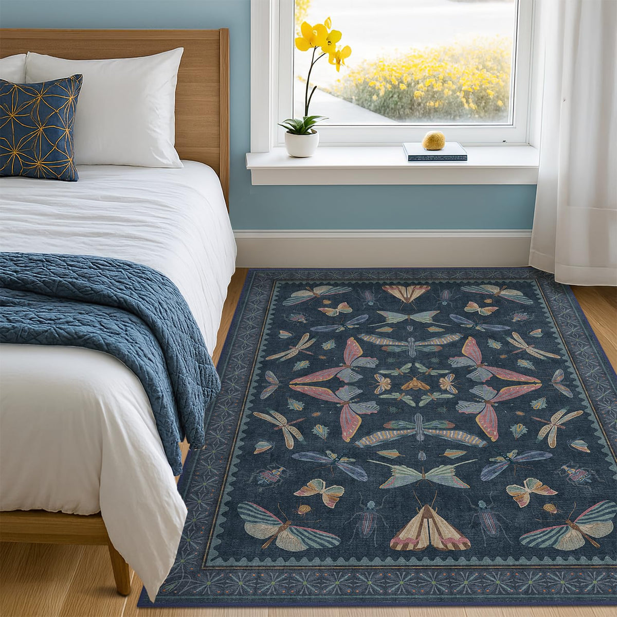 Hazo Haus Dark Green Insect Area Rugs 8x10 for Living Room, Dining Room Under Table, Bedroom, Unique Washable Floral Non Slip Low Pile Soft Rug