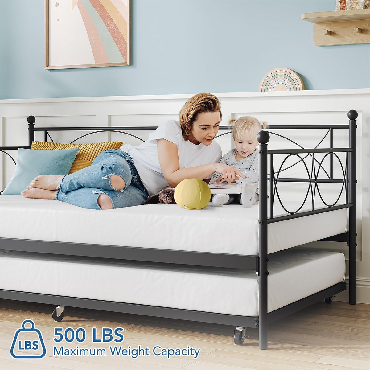 IDEALHOUSE Metal Twin daybed with Trundle with Steel Slat Support