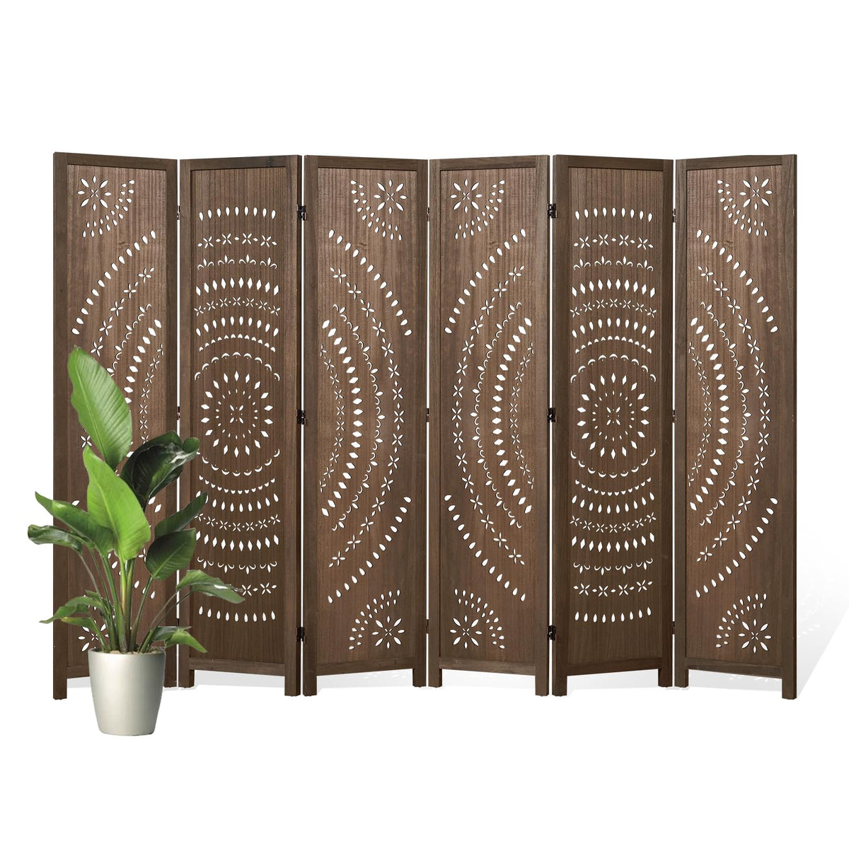 66.9Inch Folding Room Divider, 6 Panels Wood Carved Privacy Screens Free Assembled Freestanding Partition for Bedroom Home Office (Brown)
