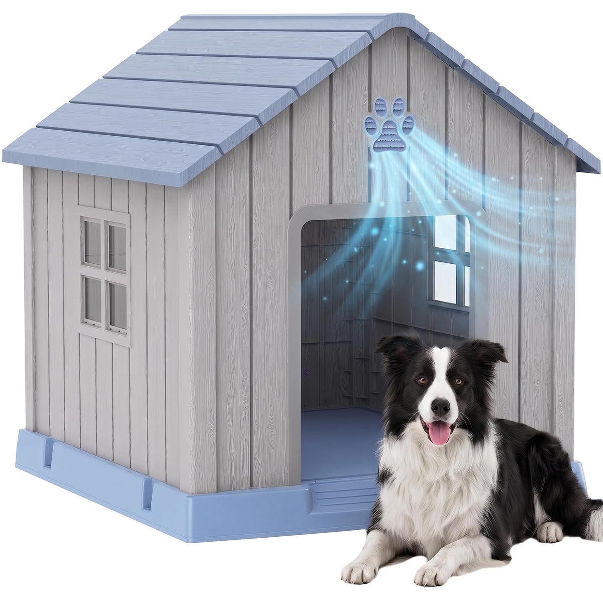 35 Inch Dog House Outdoor with Windows,Indoor/Outdoor,Blue