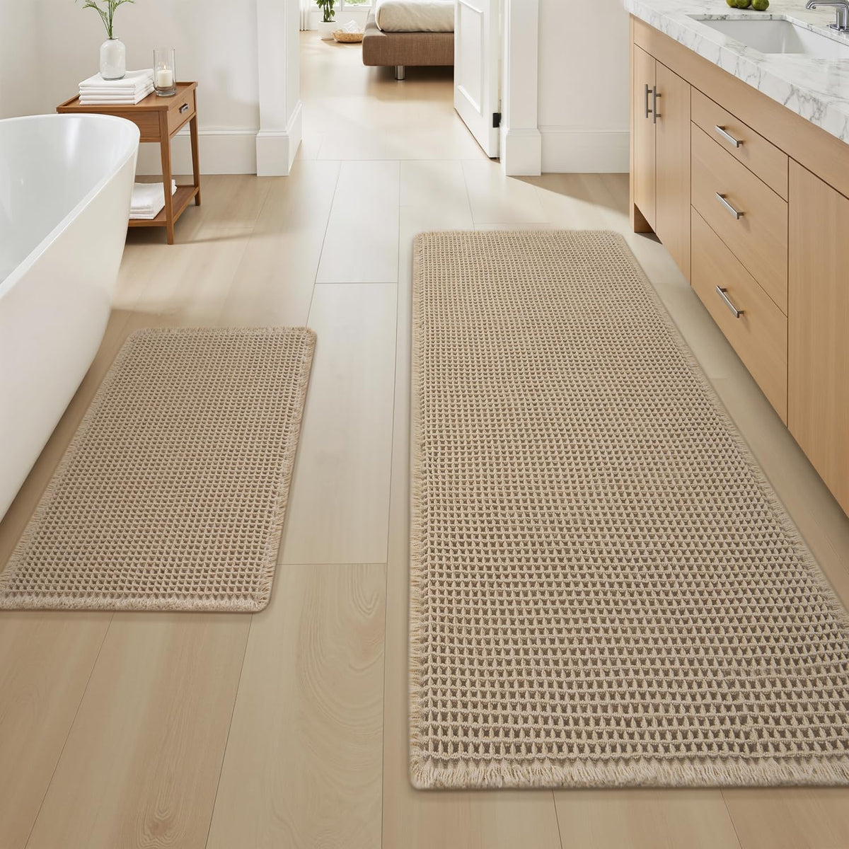 Upgraded Waffle Bath Mat Set of 2 Absorbent Bathroom Mat 18"x30" + 24"x48"
