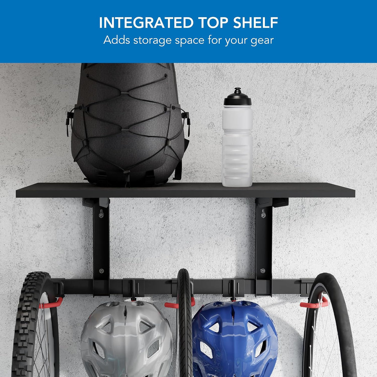 Mount-It! WheelsUp Bike Wall Mount with Shelf | Garage Storage Rack for 3 Bikes & Accessories | Adjustable Padded Hooks, Max Capacity 275 lbs | Ideal Bike Rack Garage Wall Mount for Organized Spaces