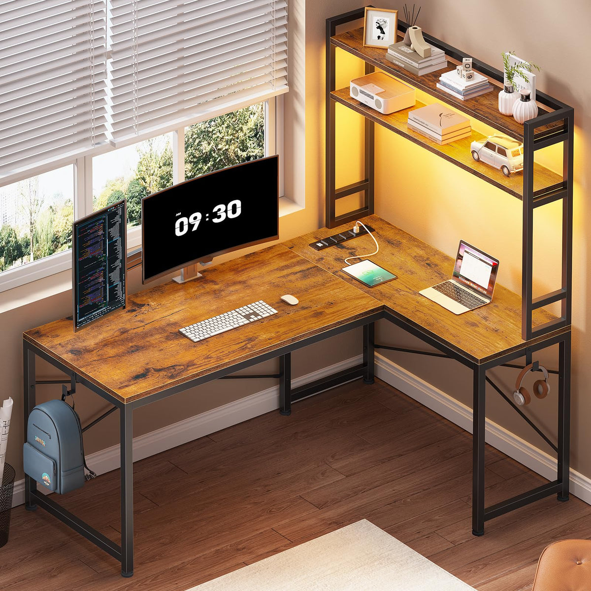SEDETA 67" L Shaped Gaming Desk with Pegboard LED Lights and Power Outlet