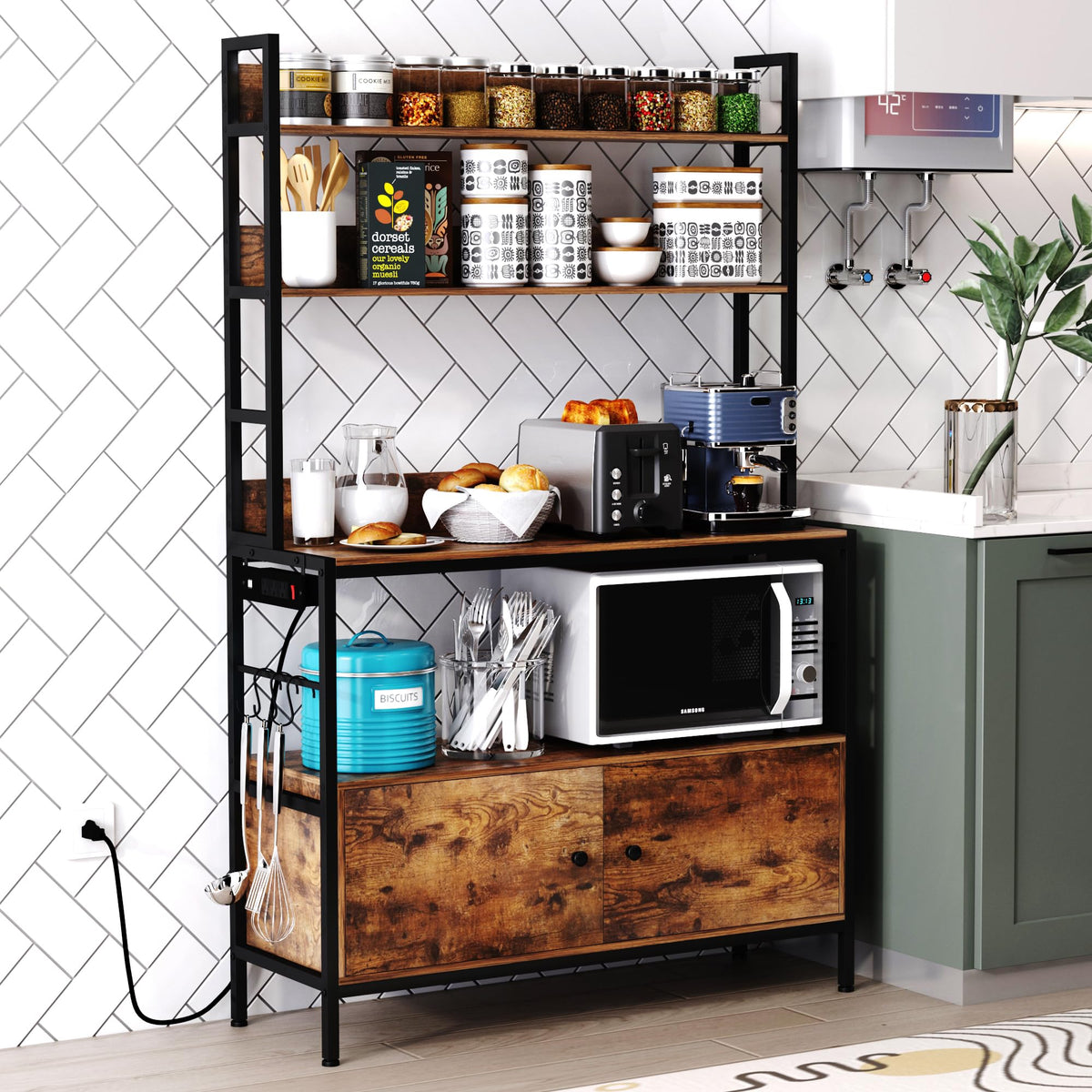 Kitchen Bakers Rack with Baskets,5-Tier Free Standing Storage Shelf Rack,Industrial Microwave Oven Stand,Metal Kitchen Rack Organizer with Hooks(Black)