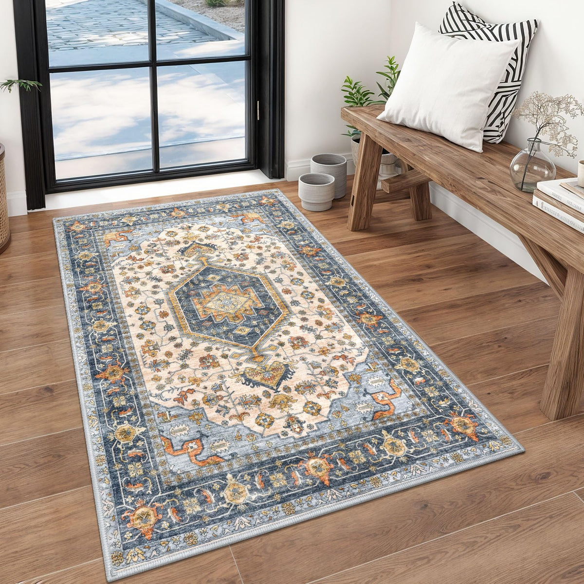 KUTA Vintage Extra Long Runners for Hallways 2.6x18ft Washable Blue White
