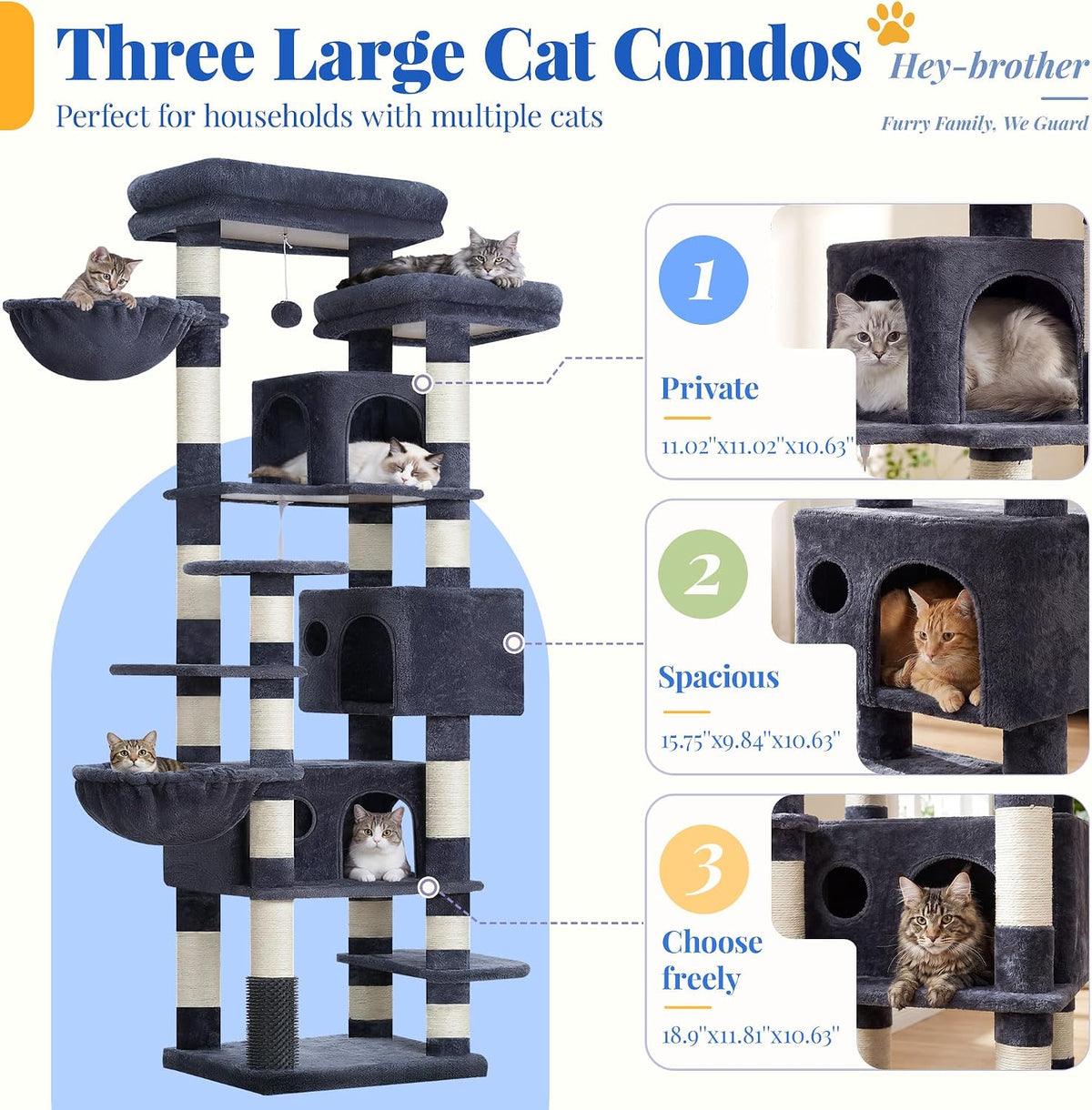 Hey-brother Cat Tree, Multi-Level Tower with 3 Condos, Hairbrush, MPJ035-MG