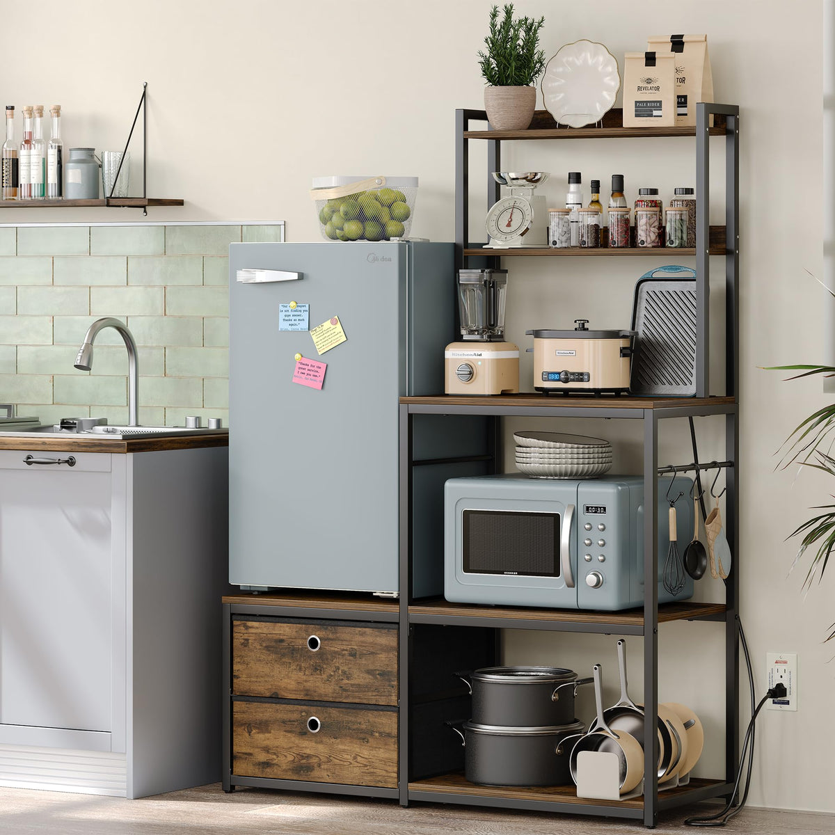 Furniouse Mini Fridge Stand with Storage, Refrigerator Cabinet with Power Outlet - Multifunctional Microwave Stand, Coffee Bar Station for Dorm, Office and Kitchen, Black