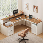 63" Farmhouse L Shaped Desk with Drawers & Printer Shelf for Home Office