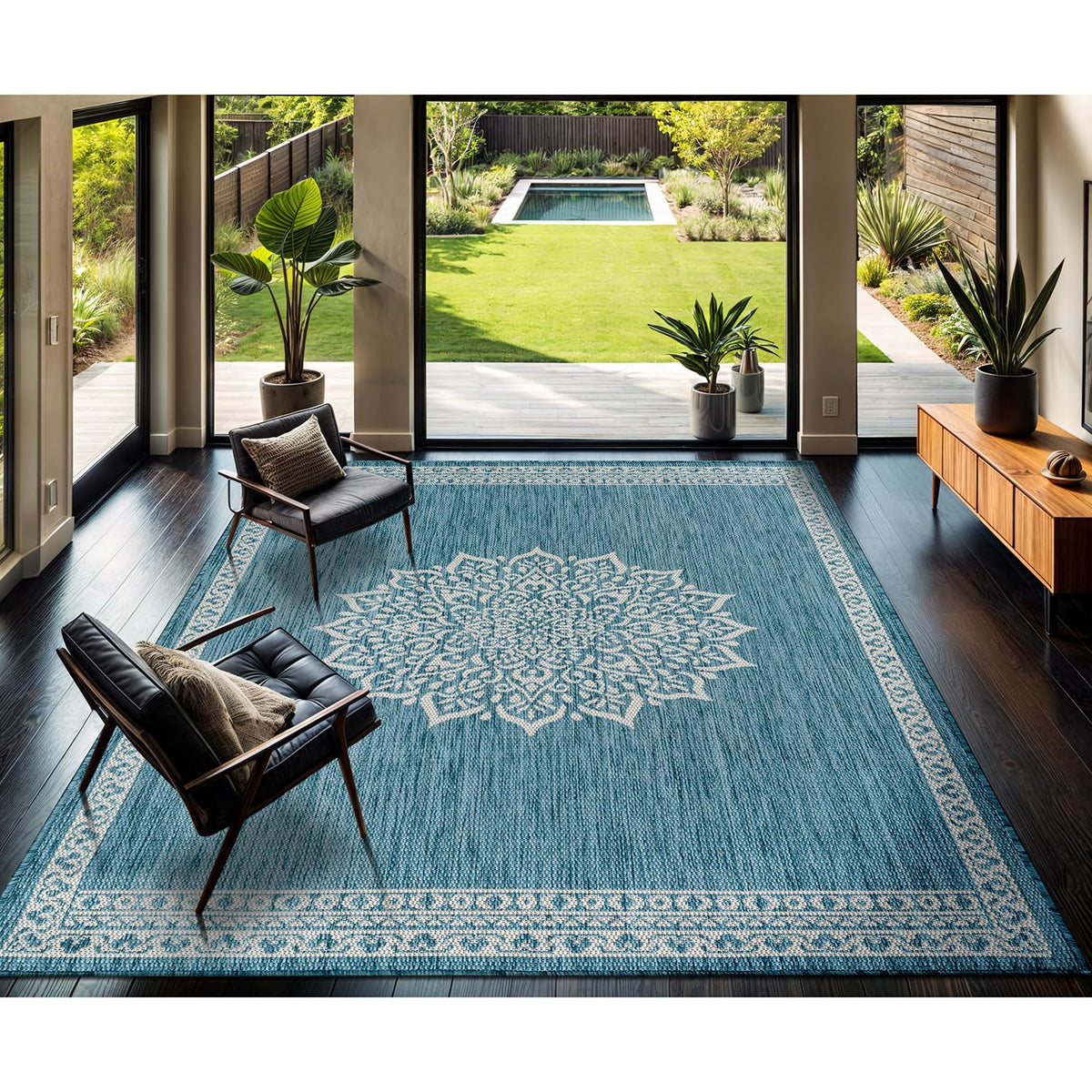 CAMILSON Outdoor Rug 6x9, Modern Outside Rugs for Patios Porches Waterproof Durable Washable Non-Shedding, Easy-to-Clean Indoor Outdoor Area Carpet (6 x 9, Bordered - Blue/White)
